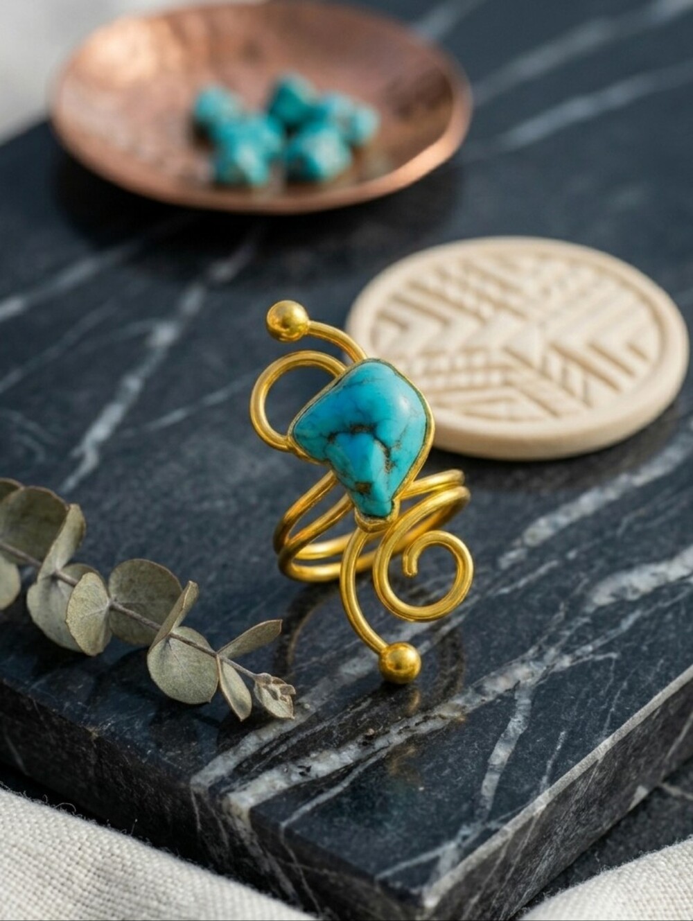 Turkish Artisan 18K Gold Plated Brass Stabilized Turquoise Spiral Ring Boho 7-10